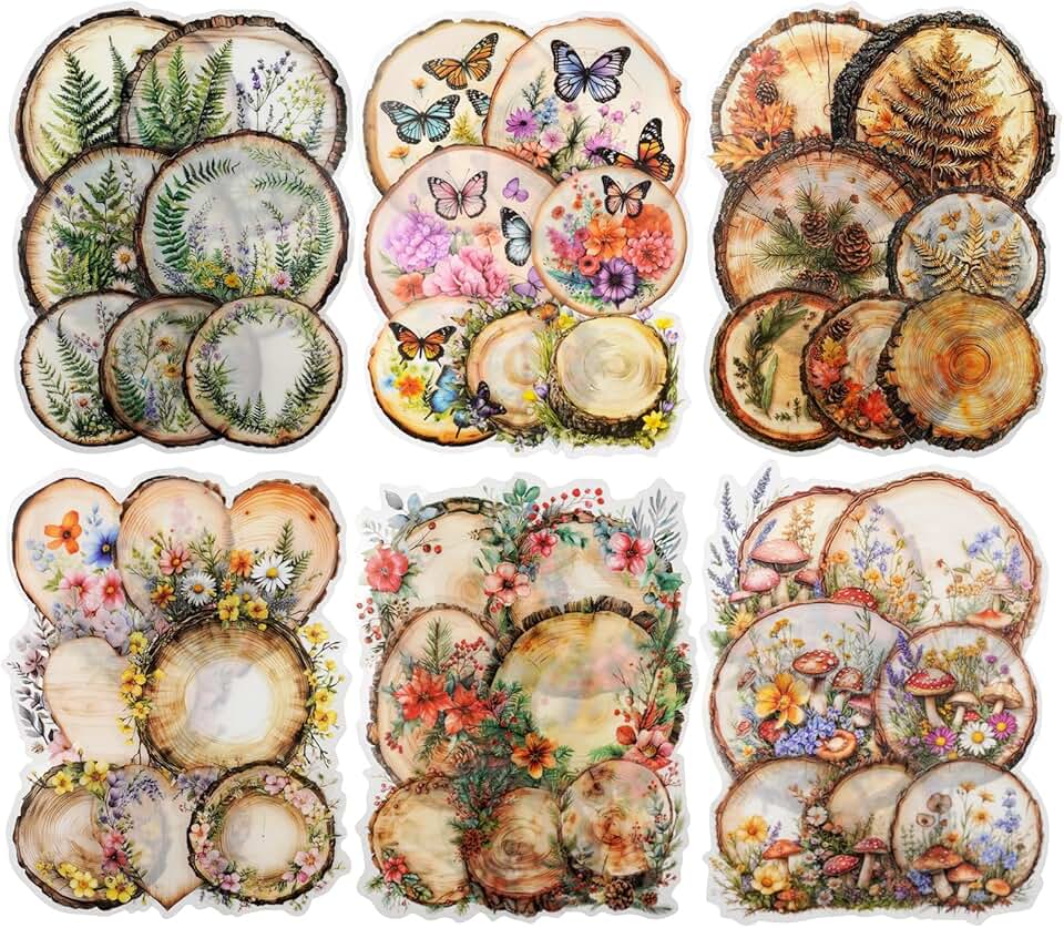 Set of 60 Nature-themed PET Stickers with Flowers, Mushrooms, and Butterflies