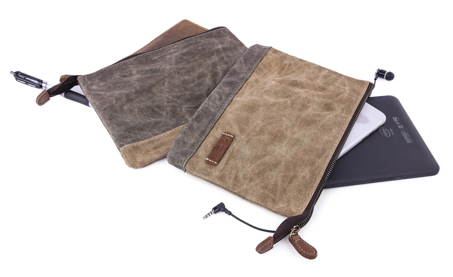 Waxed Canvas Zip Pouch Set for Makeup and Office Use