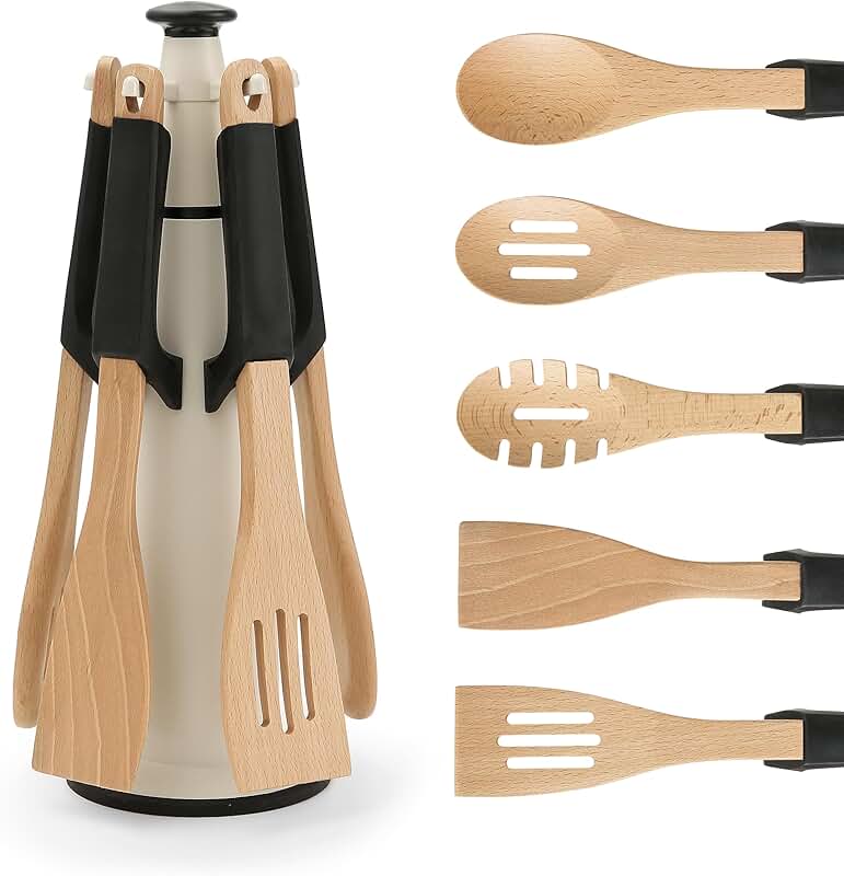 5-Piece Wooden Cooking Utensil Set with Spoon Rest
