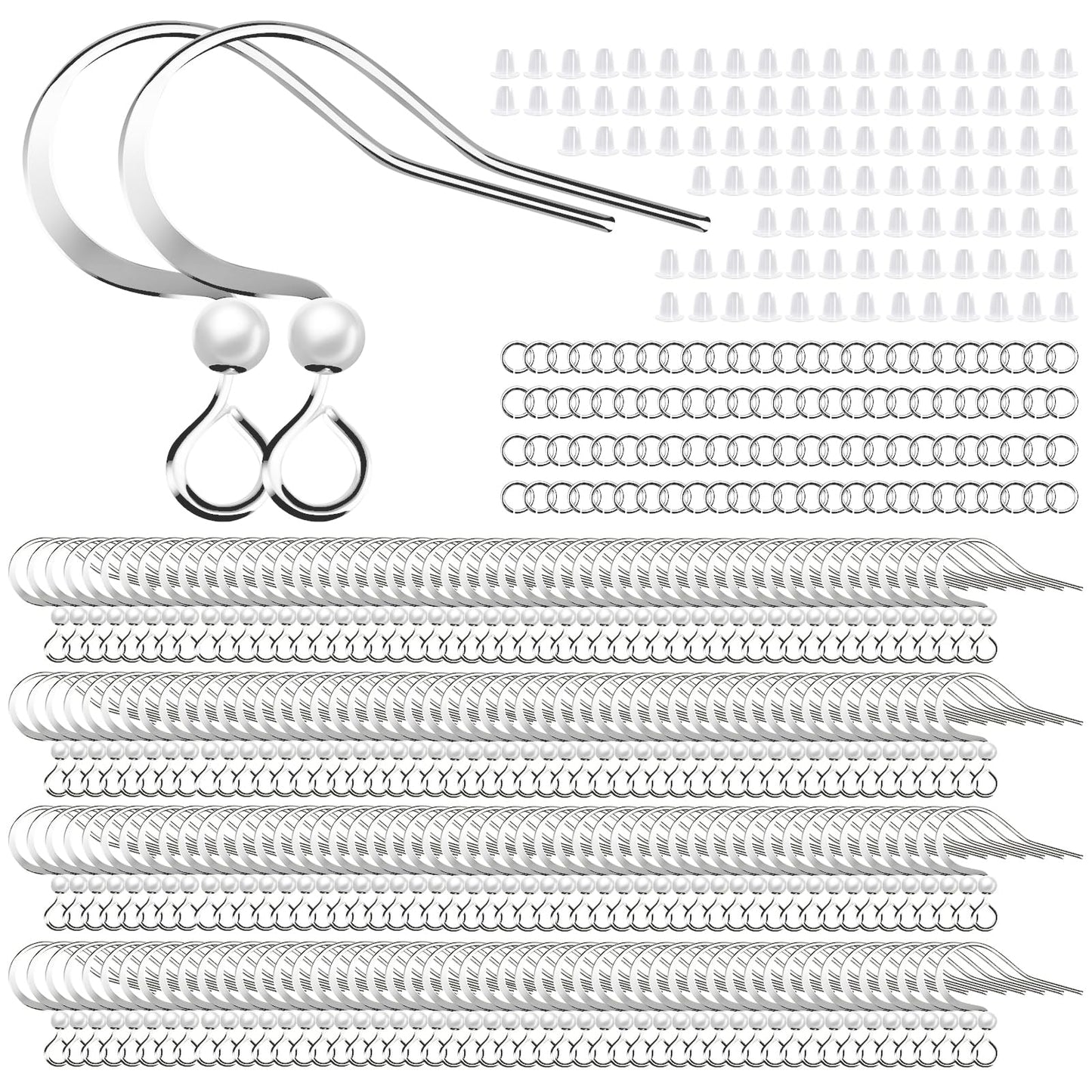 White Gold Earring Hooks with Silicone Backs and Jump Rings for DIY Jewelry