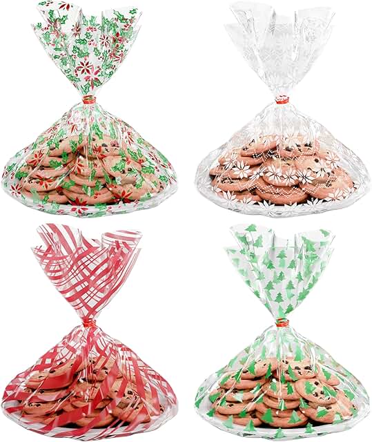 12 Christmas Cellophane Cookie Bags with Twist-Ties