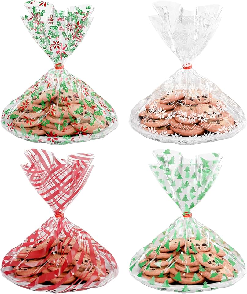 12 Christmas Cellophane Cookie Bags with Twist-Ties