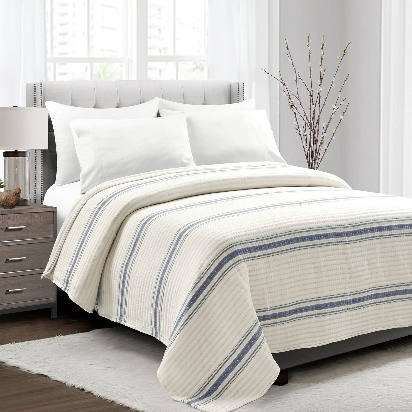 Farmhouse Stripe Kantha Pick Stitch Yarn Dyed Cotton Woven Quilt/Coverlet, Full/Queen, Navy