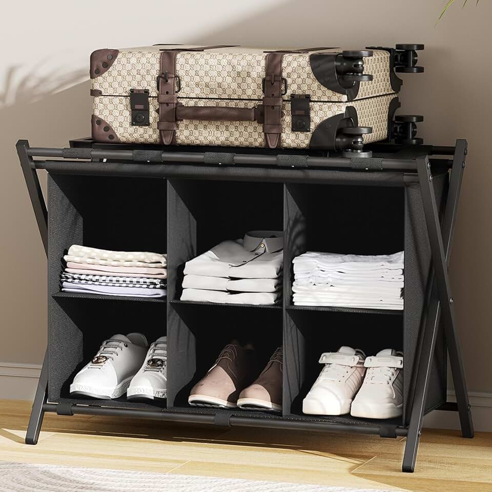 Folding Luggage Rack with Storage Shelf