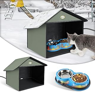 Outdoor Cat Feeding Station with Heated Water Bowl