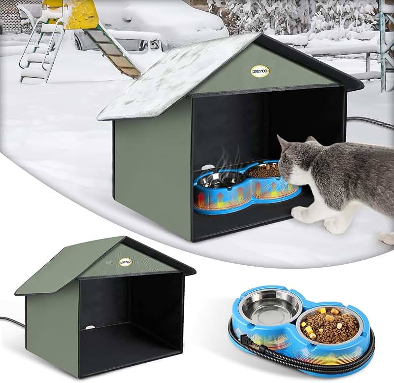 Outdoor Cat Feeding Station with Heated Water Bowl