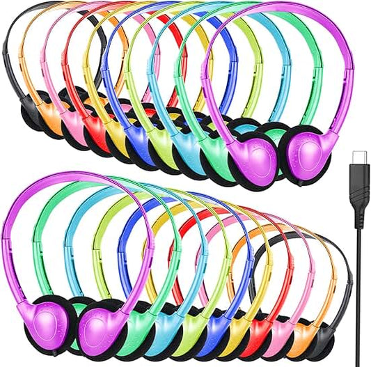 Bulk USB C Headphones for Classroom, 20 Pack, Mixed Colors