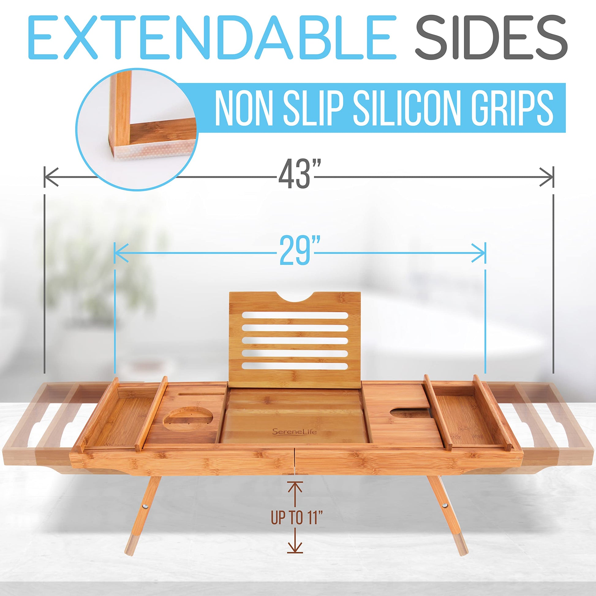 Bath Caddy Breakfast Tray Combo  Natural Bamboo Wood Waterproof Bath Tub Caddy and Bed Tray with Folding Slide-Out Arms, Device Grooves, Wine Gl and Soap Holder S CAD50.5  Brown