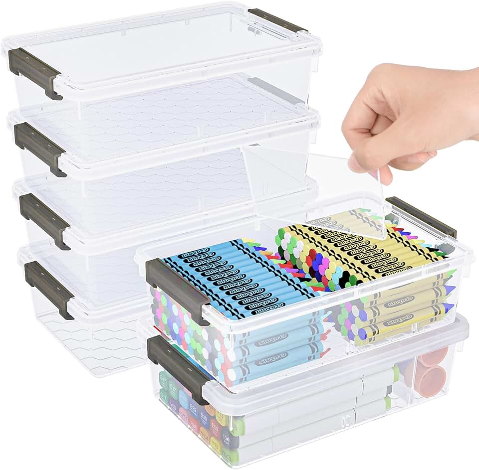 Six Large Clear Pencil Boxes with Removable Dividers
