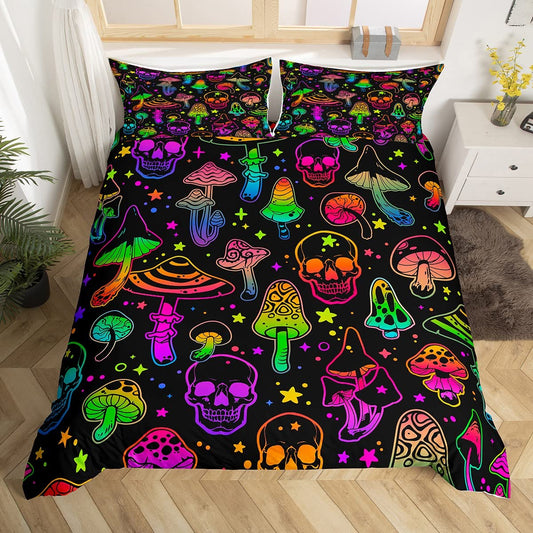Cute Mushroom Duvet Cover Twin Death Skull Bedding Set Boho Skull Skeleton Comforter Cover K aii Neon Wild Fungus Bedding Colorful G s Bedroom Decor 2 Piece Soft No Comforter)