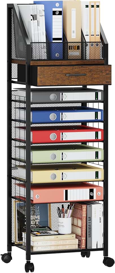 9-Tier Rolling File Cart with Drawer and Trays