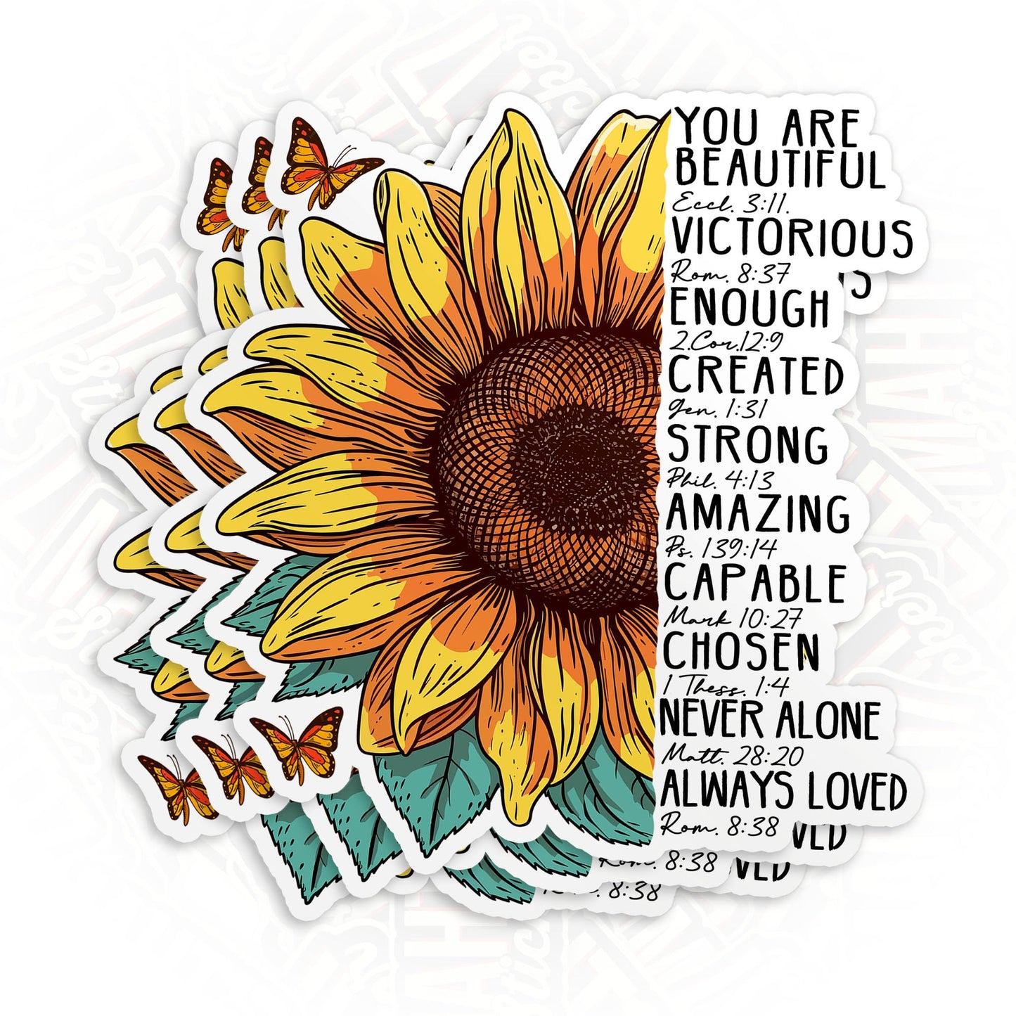 Set of three waterproof faith-themed sunflower stickers