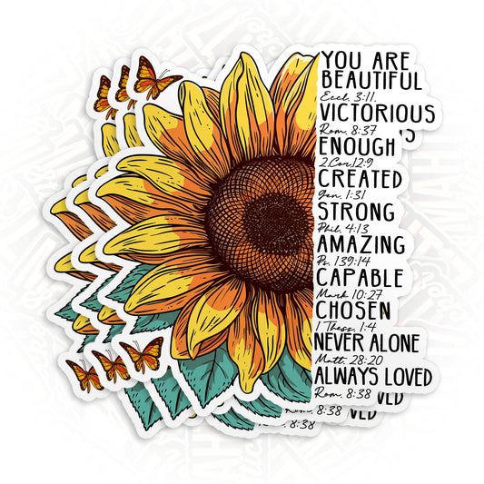 Set of three waterproof faith-themed sunflower stickers