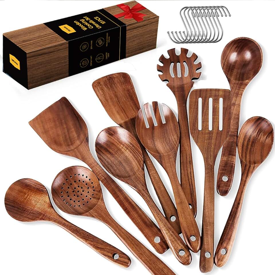 Wooden Cooking Spoons Set with Hooks, 10 Pieces