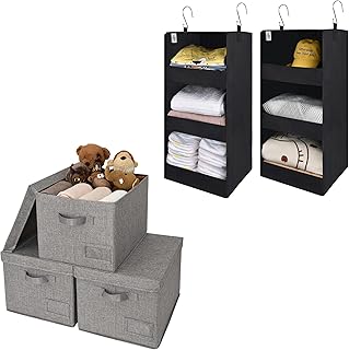 Bundle of 3 cloth storage bins and 2 hanging organizers