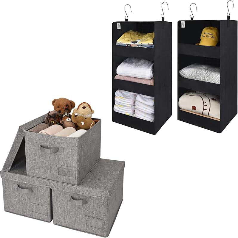 Bundle of 3 cloth storage bins and 2 hanging organizers