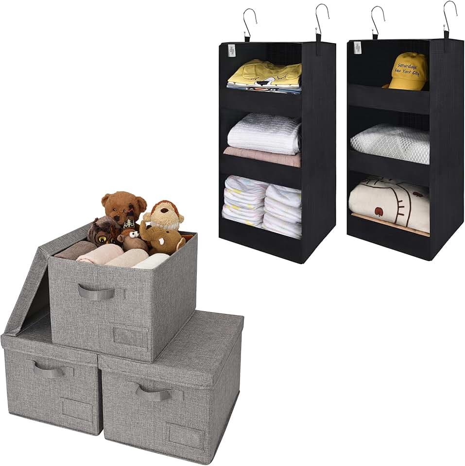 Bundle of 3 cloth storage bins and 2 hanging organizers