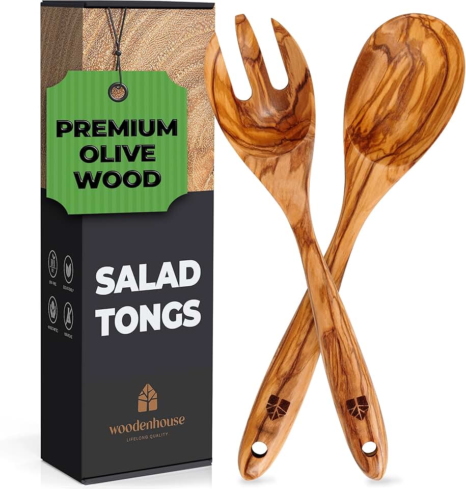 Wooden Salad Tongs and Utensils Set, 12 Inches