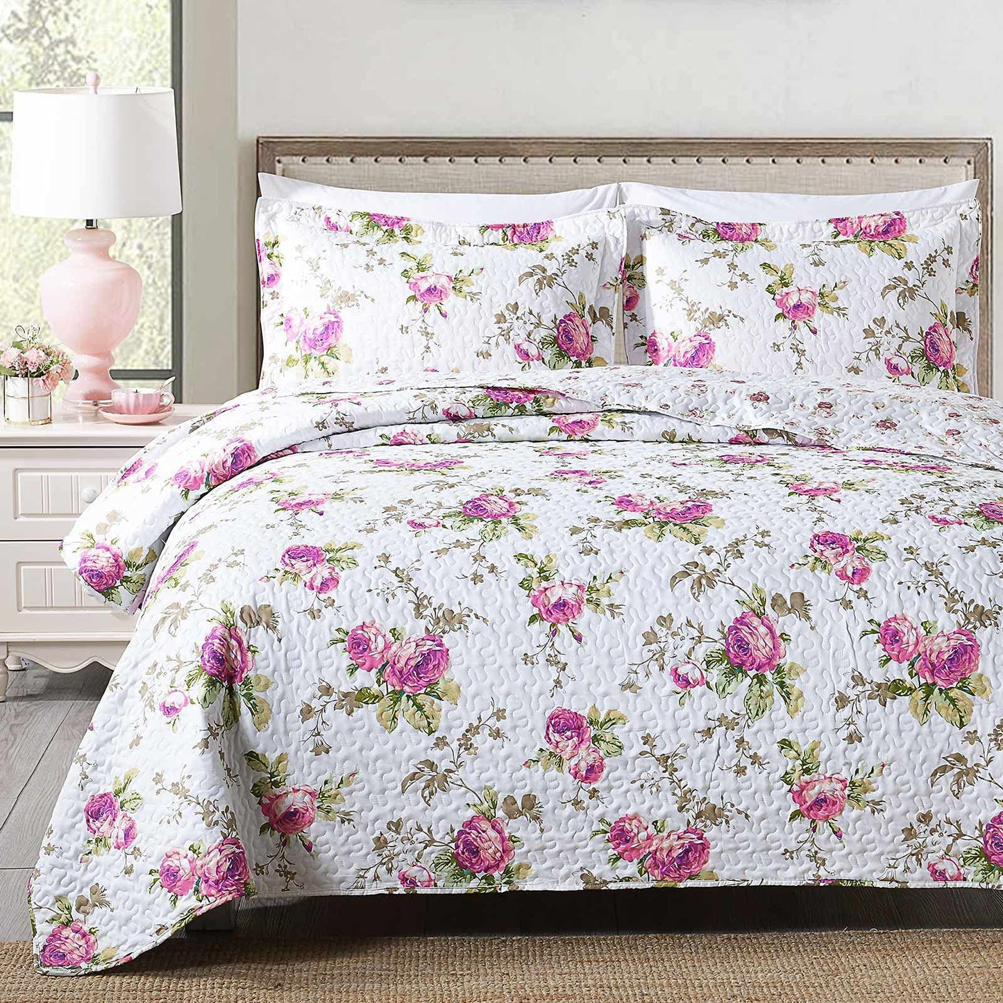3-Piece Full Queen Quilt Set, Lightweight Soft Full Size Quilt Bedspread Coverlet 90x90 inches) Bedding Set with 2 Pillow Shams 20x26 inches), Rose Floral Print