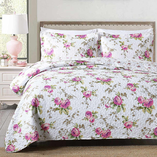3-Piece Full Queen Quilt Set, Lightweight Soft Full Size Quilt Bedspread Coverlet 90x90 inches) Bedding Set with 2 Pillow Shams 20x26 inches), Rose Floral Print