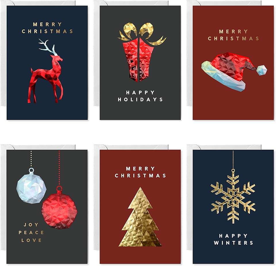 Set of 90 Christmas greeting cards with 3D gold foil and embossed designs