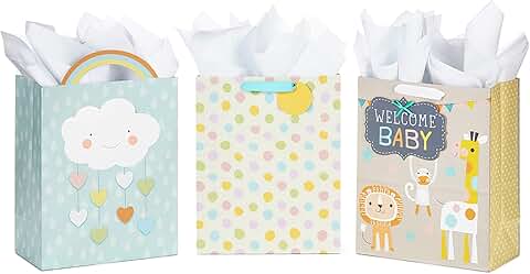 Set of 3 Large Baby Shower Gift Bags with Tissue