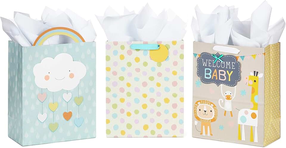 Set of 3 Large Baby Shower Gift Bags with Tissue