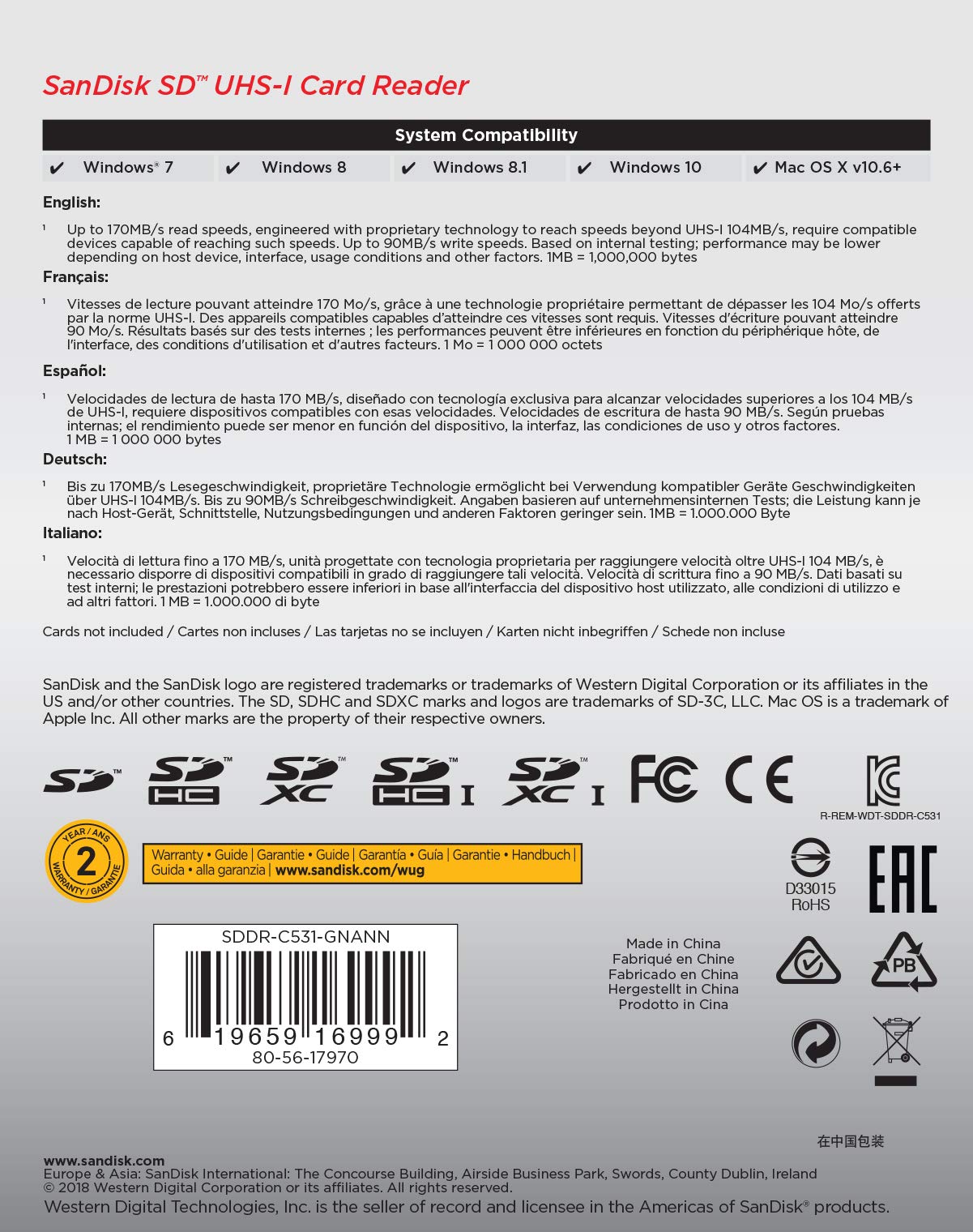 SD UHS-I Card Reader - SDDR-C531-GNANN