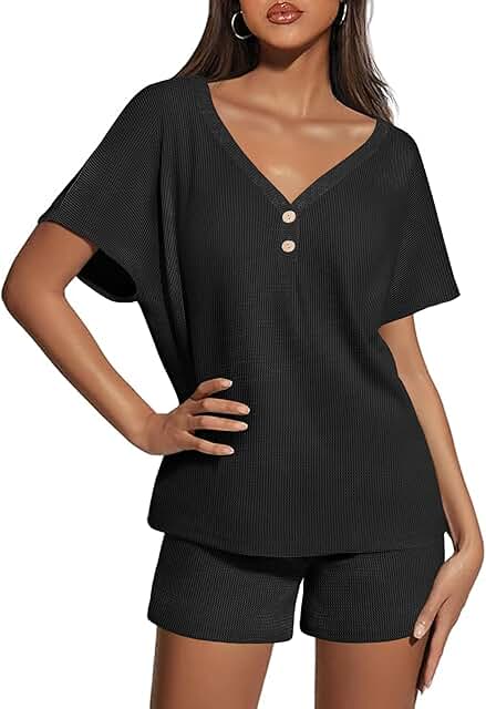 Women's Waffle Knit Short Pajama Set with Pockets