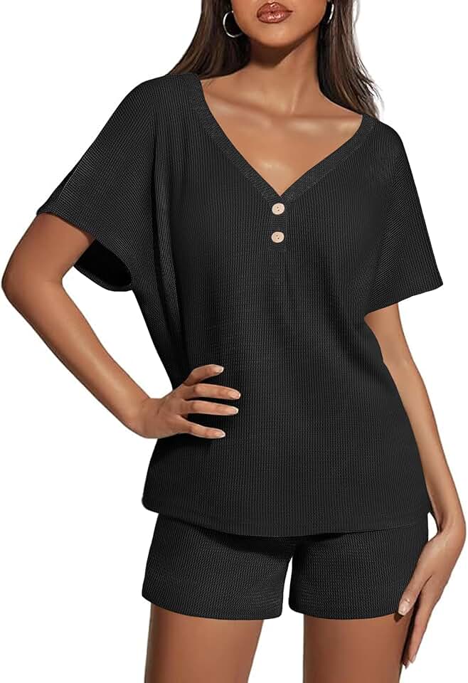 Women's Waffle Knit Short Pajama Set with Pockets