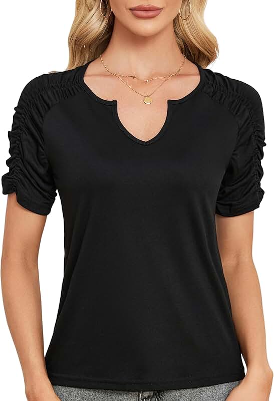 Women's V-Neck Casual Short Sleeve Pleated Top