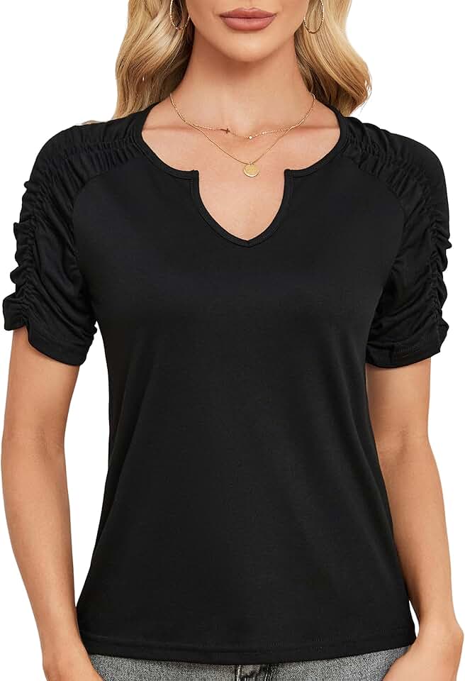Women's V-Neck Casual Short Sleeve Pleated Top