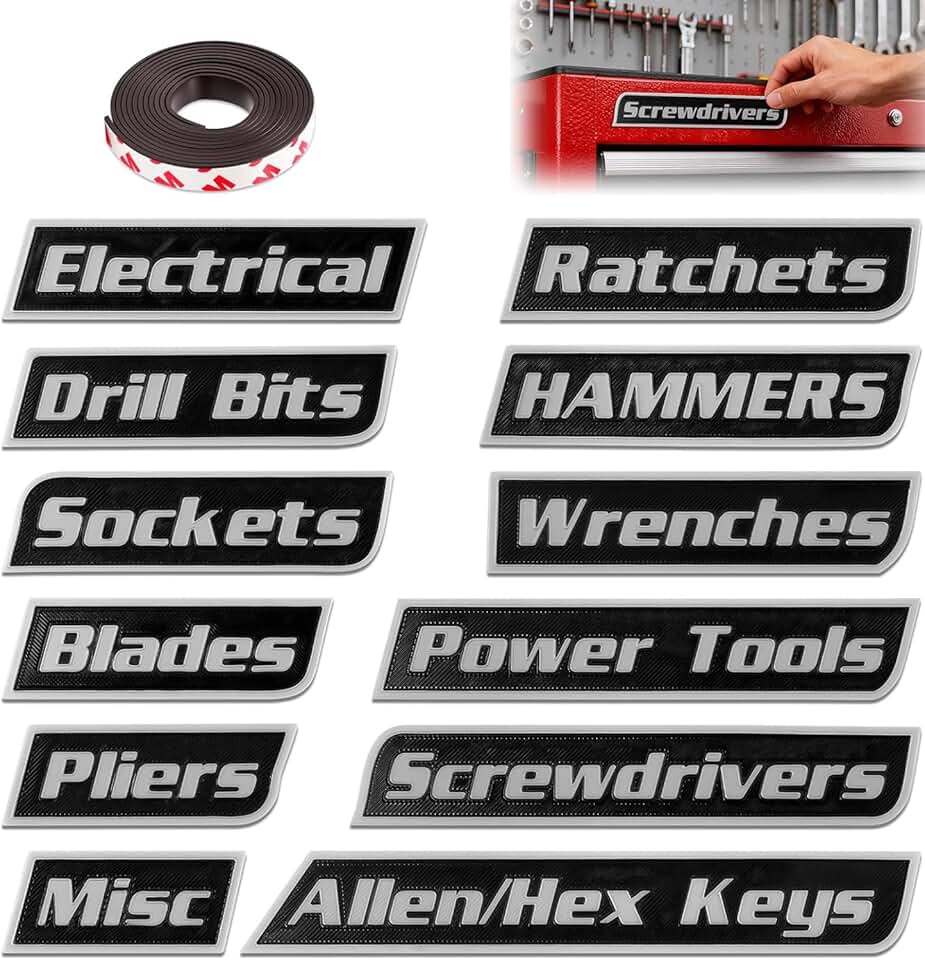 Set of 12 Reusable Magnetic Labels for Toolboxes and Storage