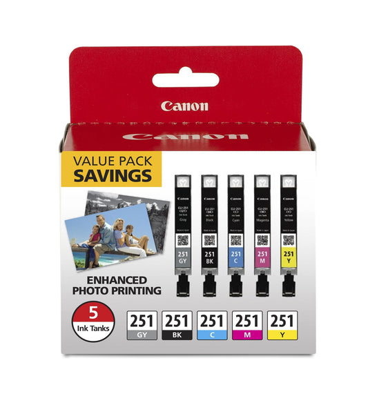 CLI-251 BK/C/M/Y/GY 5 Color Value Pack Compatible to MG7520, MG5620, MG6620