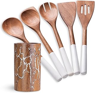 6-Piece Acacia Wooden Utensil Set with White Handles