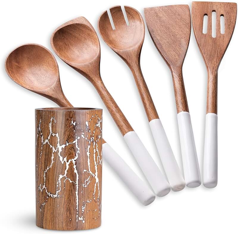 6-Piece Acacia Wooden Utensil Set with White Handles