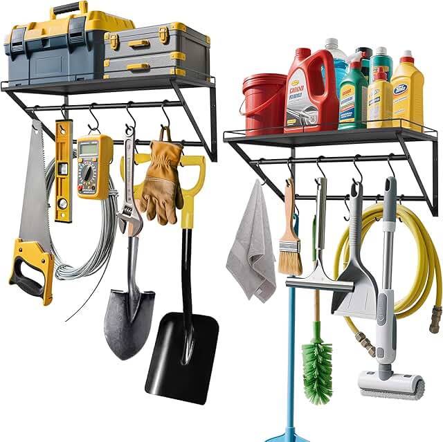 Garage Wall Shelves with Hooks, 23.5" x 13"