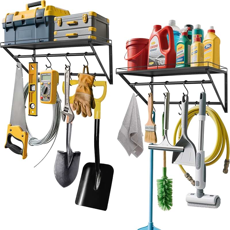 Garage Wall Shelves with Hooks, 23.5" x 13"