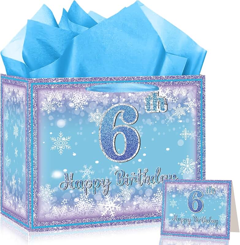 Frozen-themed 6th birthday gift bags with tissue and card