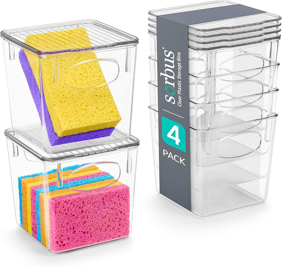 Set of 4 Clear Plastic Storage Bins with Lids