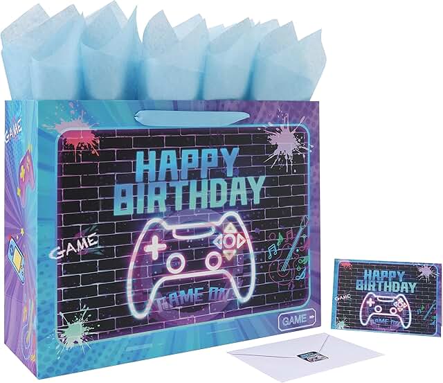 Large Gamer-Themed Birthday Gift Bag with Handles