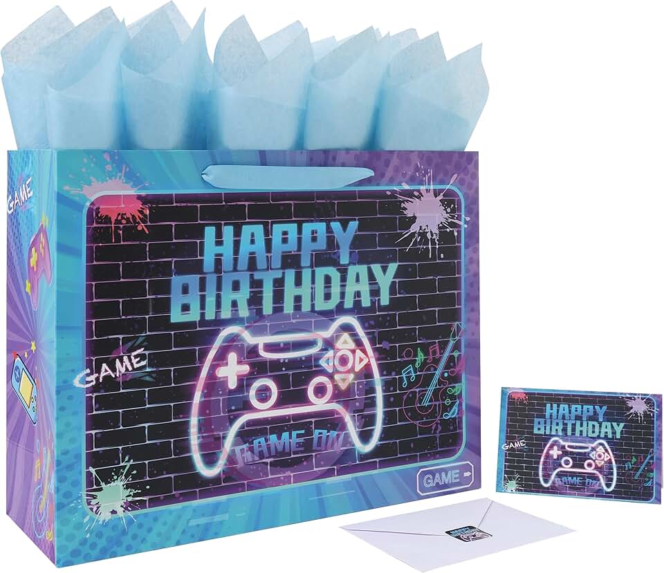 Large Gamer-Themed Birthday Gift Bag with Handles