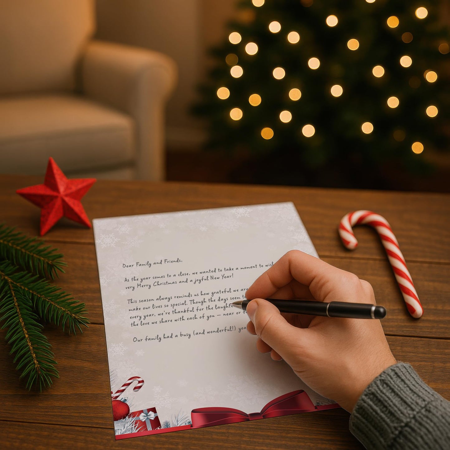 Holiday Stationery with Red Bow and Candy Cane Design