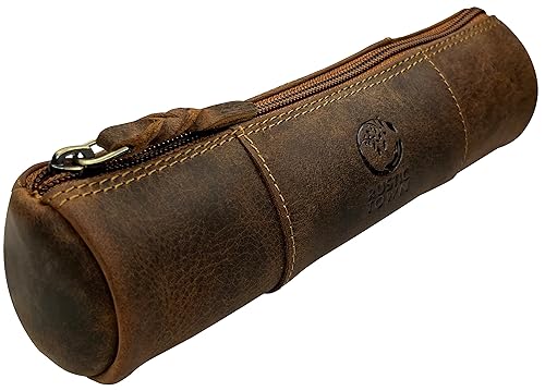 Leather Pencil Case with Zipper in Brown