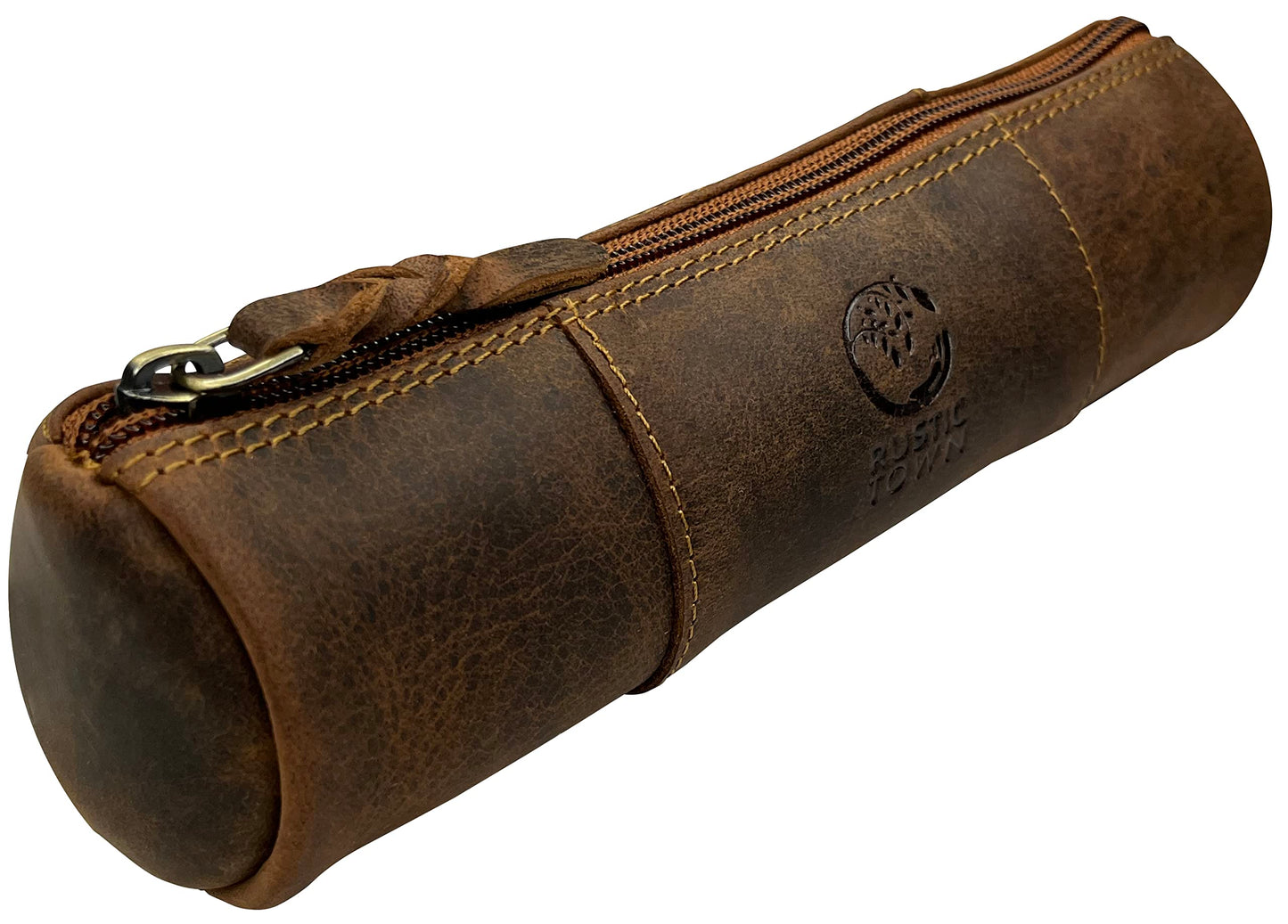 Leather Pencil Case with Zipper in Brown