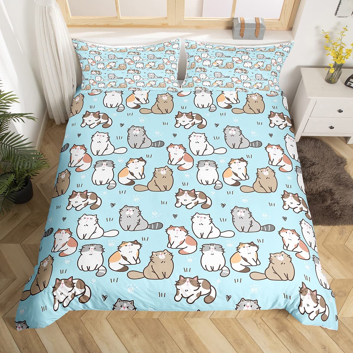 Cat Bed Sets Queen, K aii Garfield Persian Cat Bedding Set for Kids Boys Girls, P Print Love Heart Duvet Cover, Cartoon Animals Soft Comforter Cover 3 Pieces, Blue