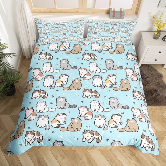 Cat Bed Sets Queen, K aii Garfield Persian Cat Bedding Set for Kids Boys Girls, P Print Love Heart Duvet Cover, Cartoon Animals Soft Comforter Cover 3 Pieces, Blue