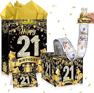 Black and Gold 21st Birthday Gift Bag and Money Box