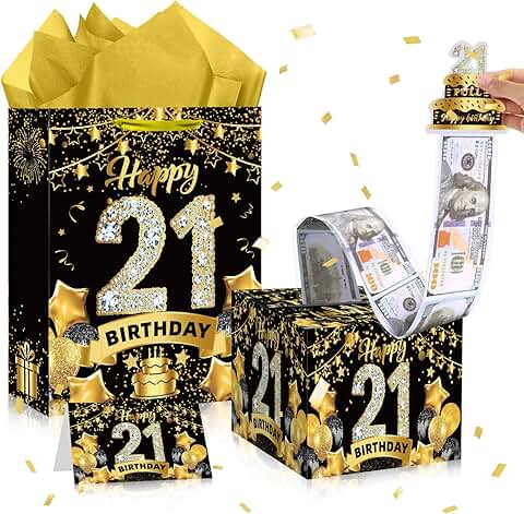 Black and Gold 21st Birthday Gift Bag and Money Box