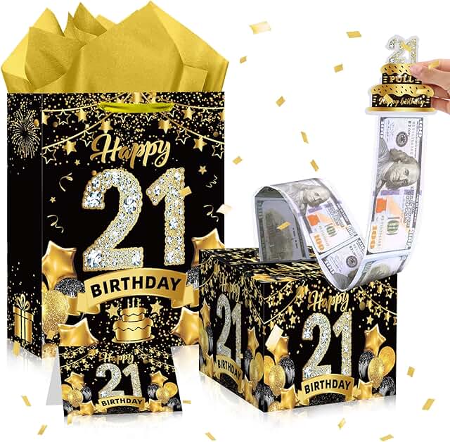 Black and Gold 21st Birthday Gift Bag and Money Box